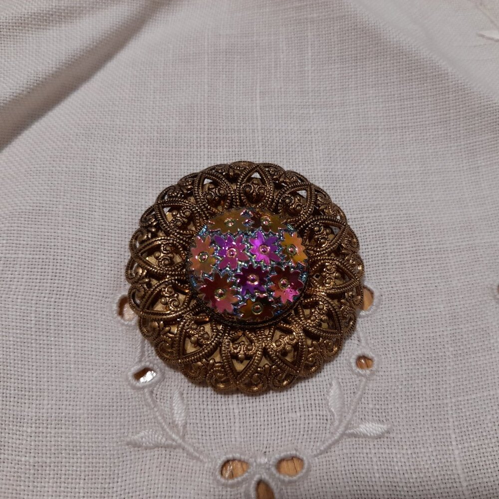 Vintage Fancy Scarf Clip Iridescent Floral Filigree West Germany